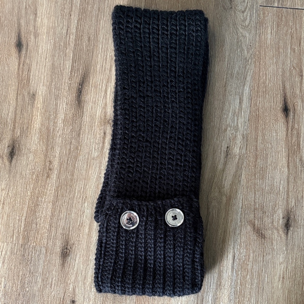 Michael Kors Black Ribbed Knit Scarf with Silver Buttons. Extra Long Thick Scarf